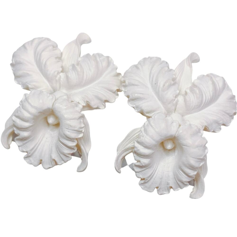 Vintage White Orchid Sculpted Resin Clip On Earrings Lightweight Feminine Floral